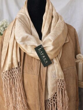 Lauren Ralph Lauren Light Beige Paisley Fringe Wrap Scarf 100% Silk